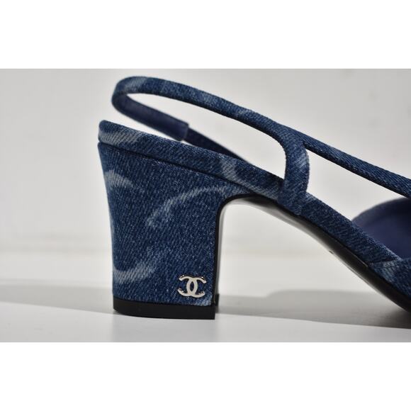 Chanel 23B Coco Sling Dark Blue Denim White CC Logo Slingback Block Heel 36 - Picture 3 of 12